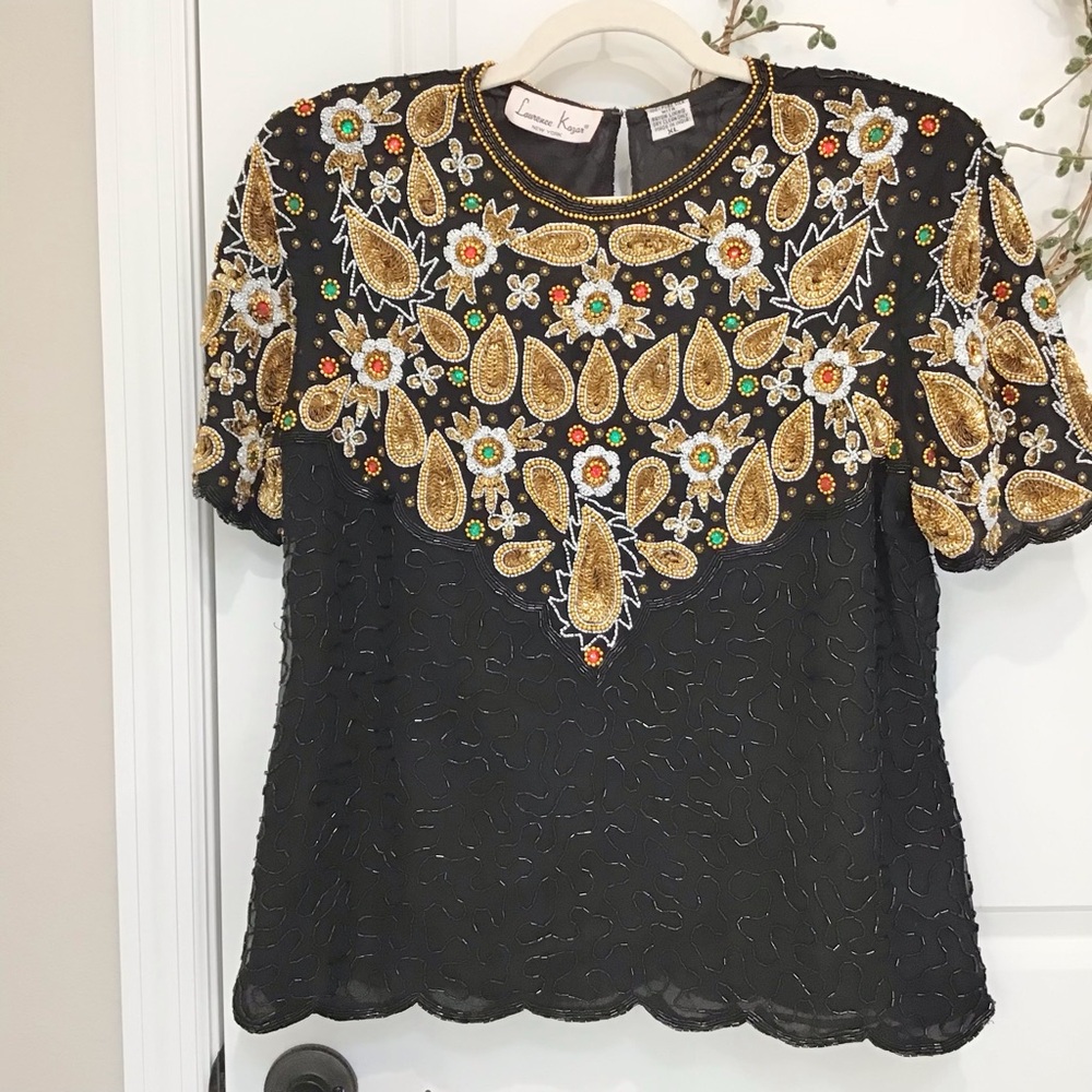 Vintage Laurence Kazar Silk Beaded Top Size XL, EUC